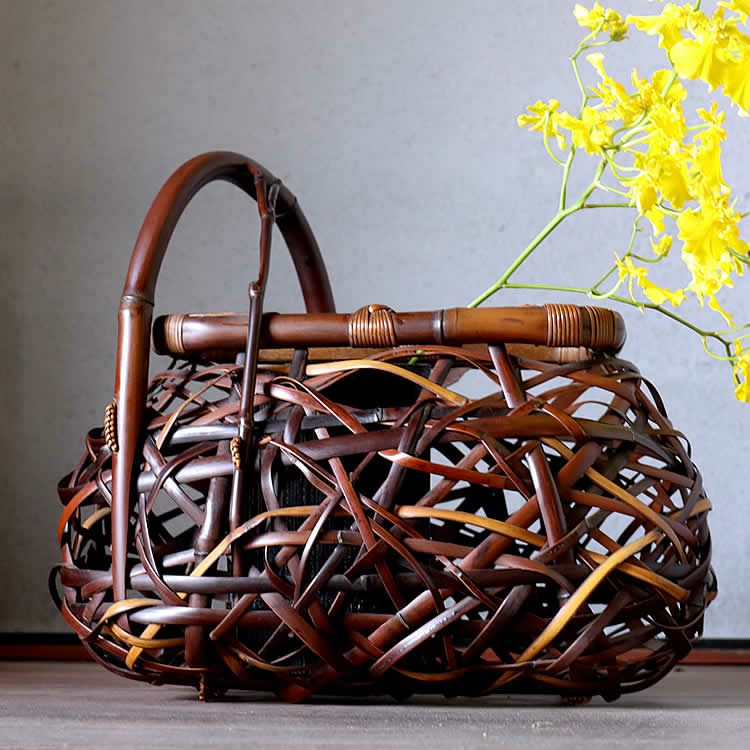 一点限り】渡辺竹清作 鳳尾竹乱れ編み花籠（Japanese bamboo art by  