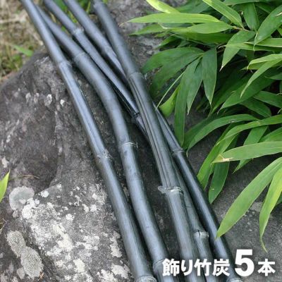 【日本唯一の虎斑竹100年計画】<br>竹資源を無駄なく有効活用したい<br>という思いから生まれました。<br>オブジェとして生まれかわった<br>飾り竹炭（丸竹炭）5本