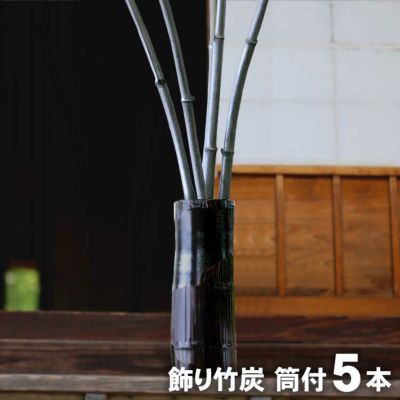 【日本唯一の虎斑竹100年計画】<br>竹資源を無駄なく有効活用したい<br>という思いから生まれました。<br>オブジェとして生まれかわった<br>飾り竹炭（丸竹炭）孟宗竹ハツリ竹筒付<br>5本入り