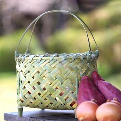 手付き四ツ目籠丸足付き（野菜ストッカー）<br>キッチン収納 やさい保存<br>竹製 竹かご 自然素材